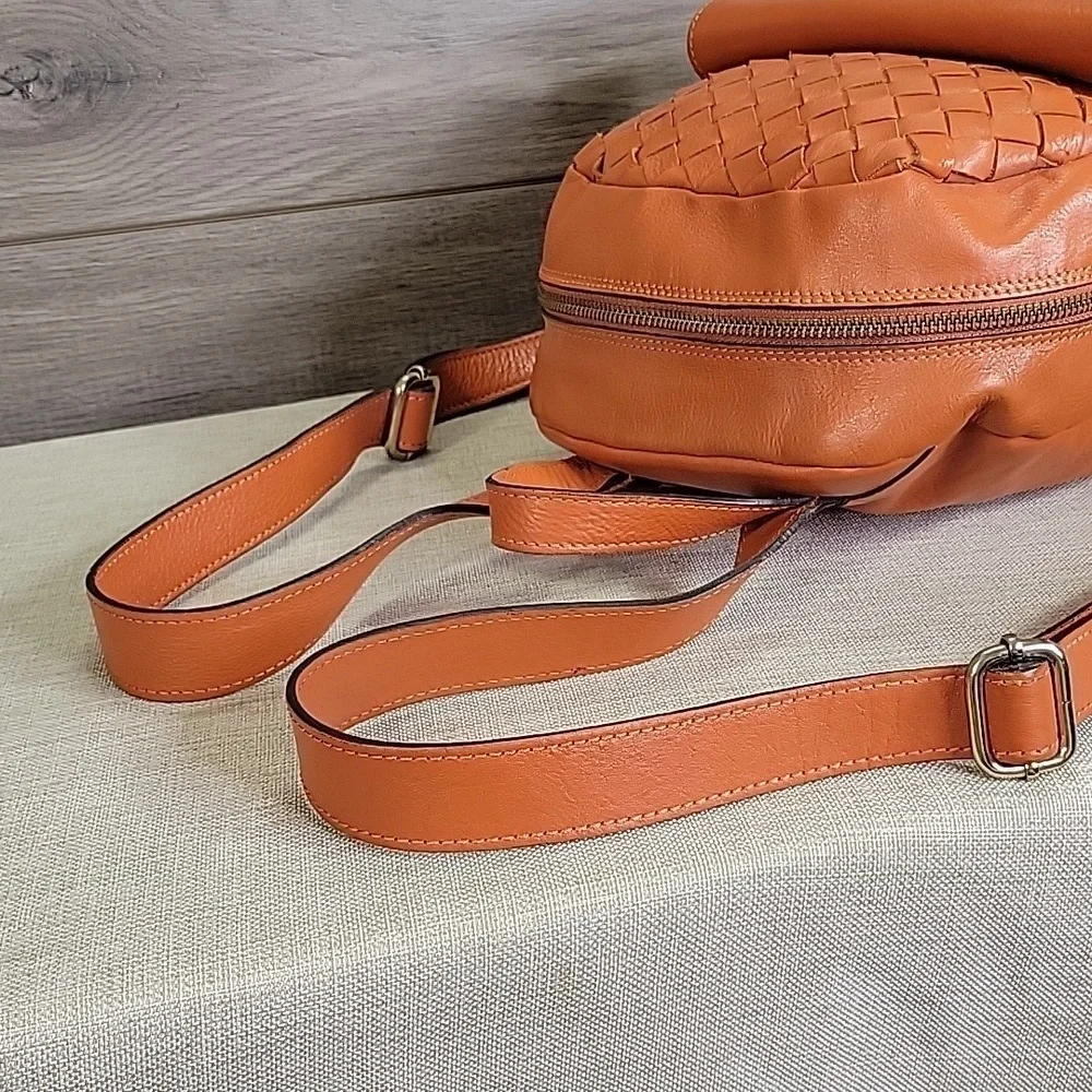 Anna Paola Orange Woven Leather Backpack Shoulder Bag